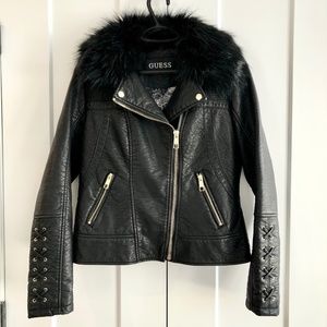 Guess, Moto Jacket, Faux, Leather, Removable Faux Collar, Size M, Good Condition